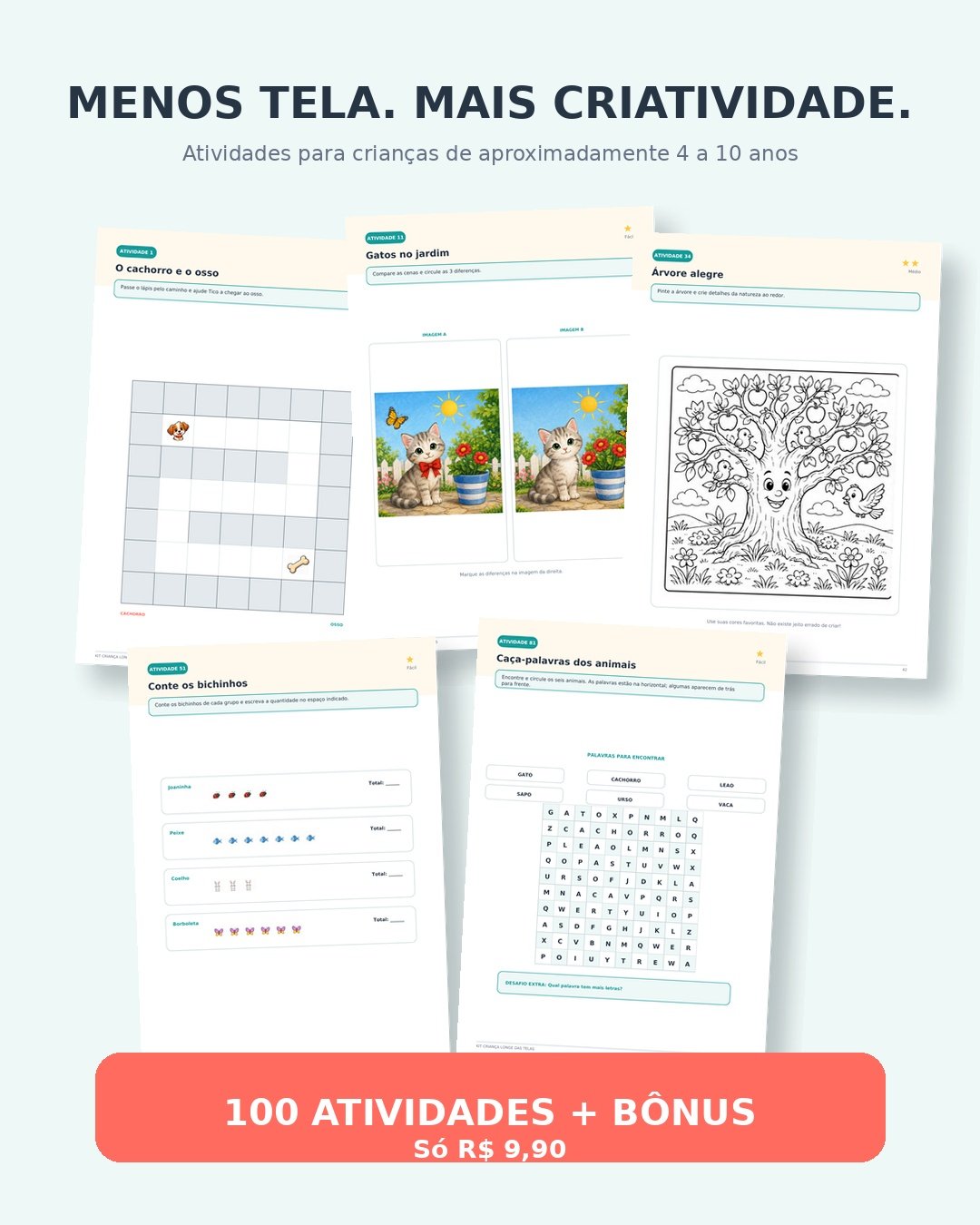 Exemplos de diferentes categorias de atividades do kit